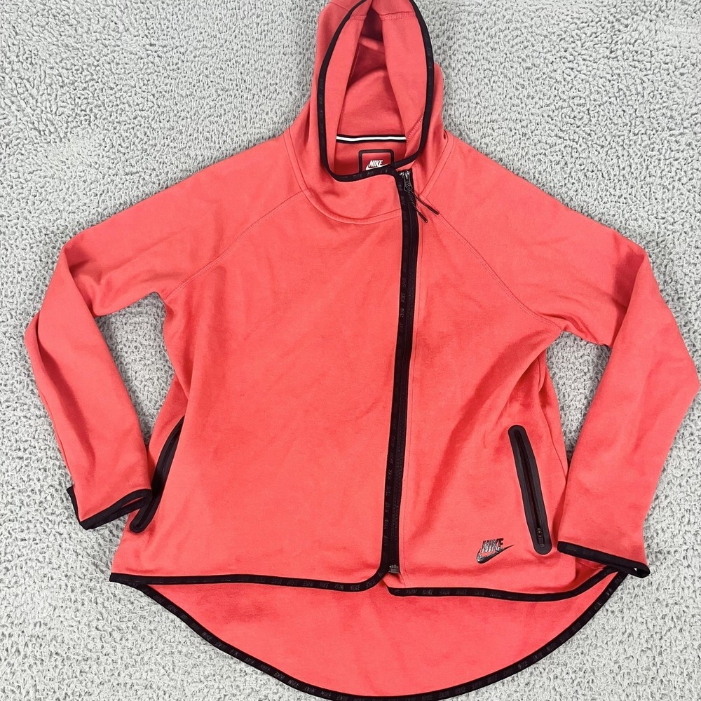 Nike‎ Tech Hoodie Sweatshirt Womens Large Red Asymmetrical Full Zip High Low Hem